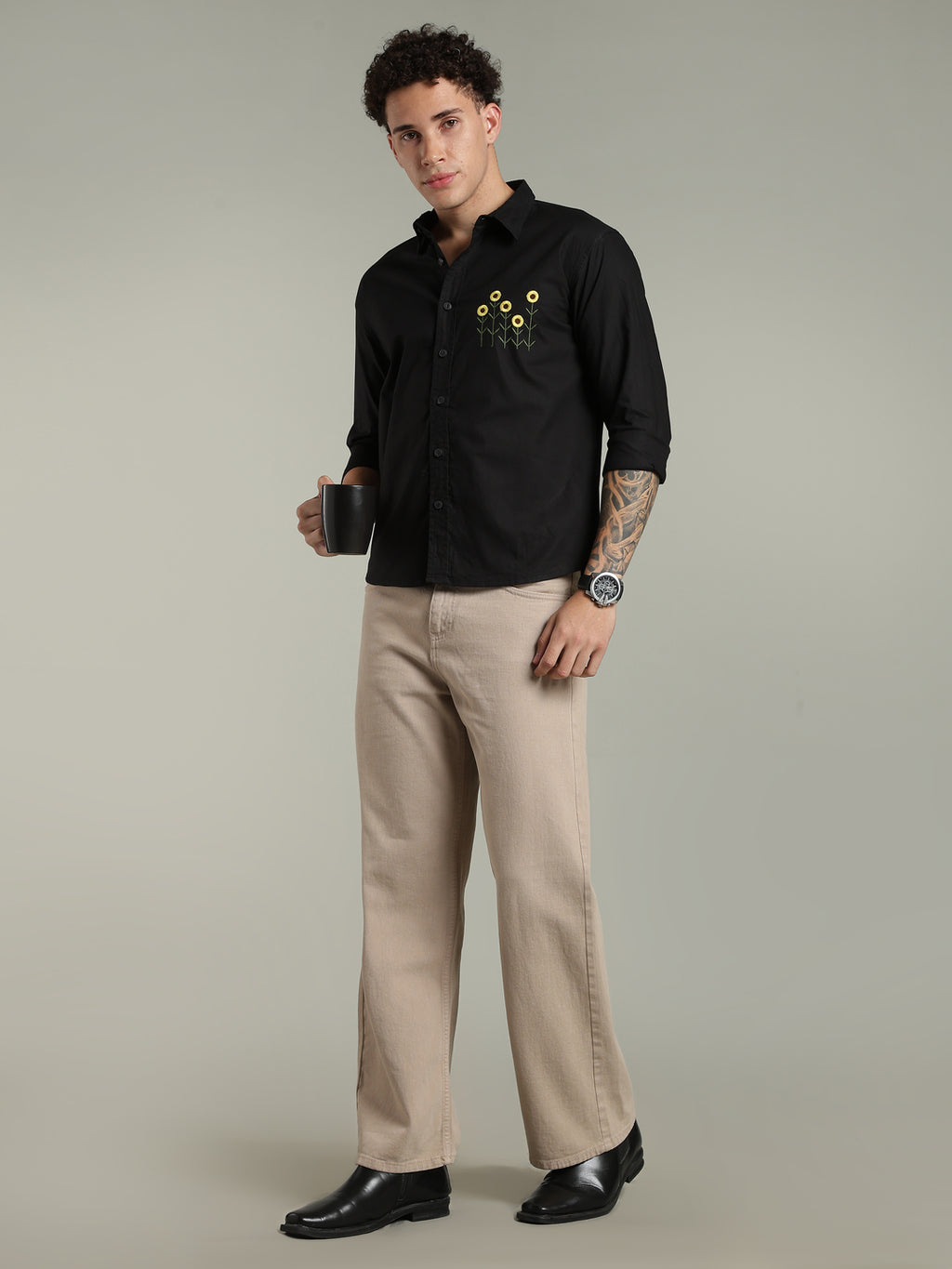 Black Relaxed Fit Floral Embroidered Shirt