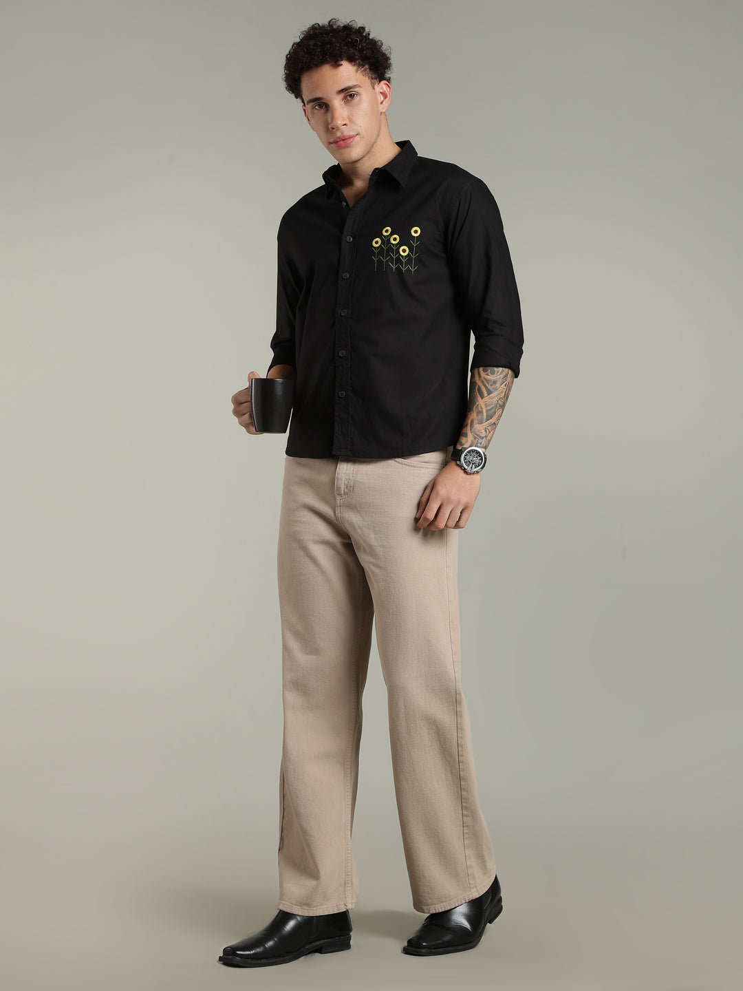 Black Relaxed Fit Floral Embroidered Shirt