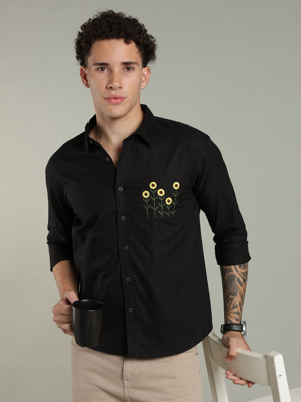 Black Relaxed Fit Floral Embroidered Shirt