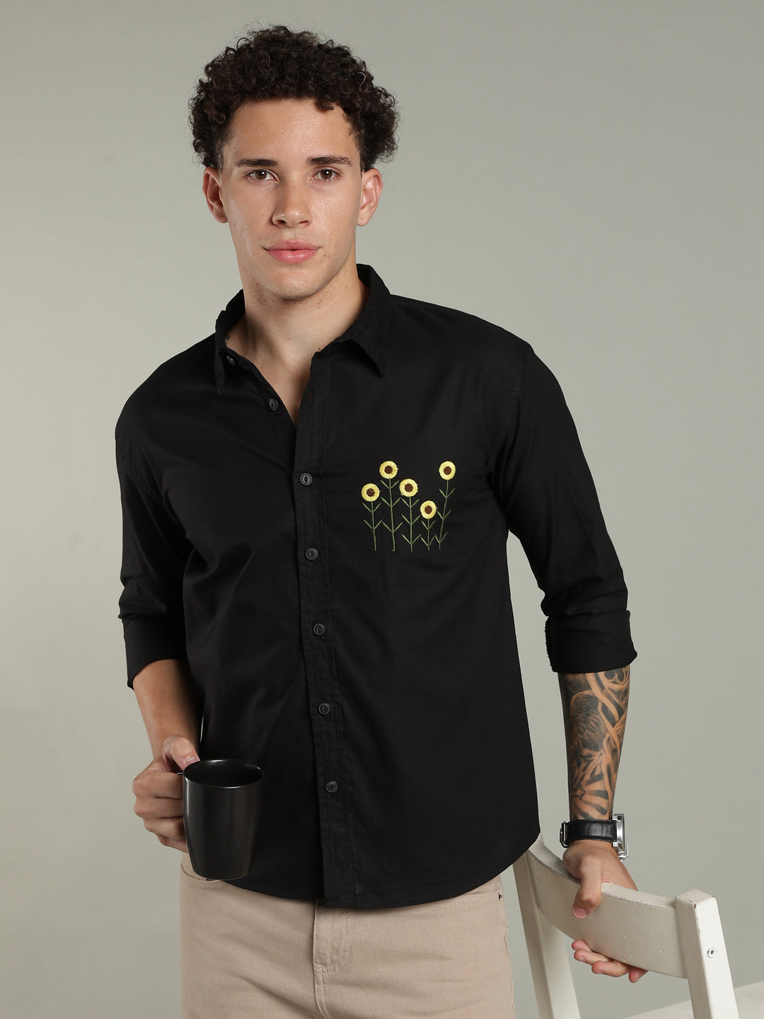 Black Relaxed Fit Floral Embroidered Shirt