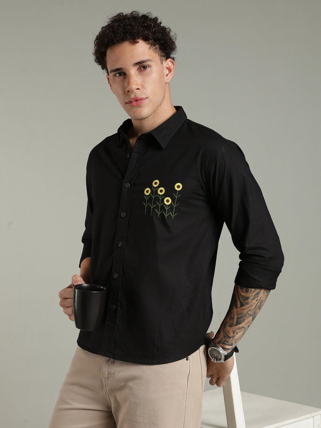 Black Relaxed Fit Floral Embroidered Shirt