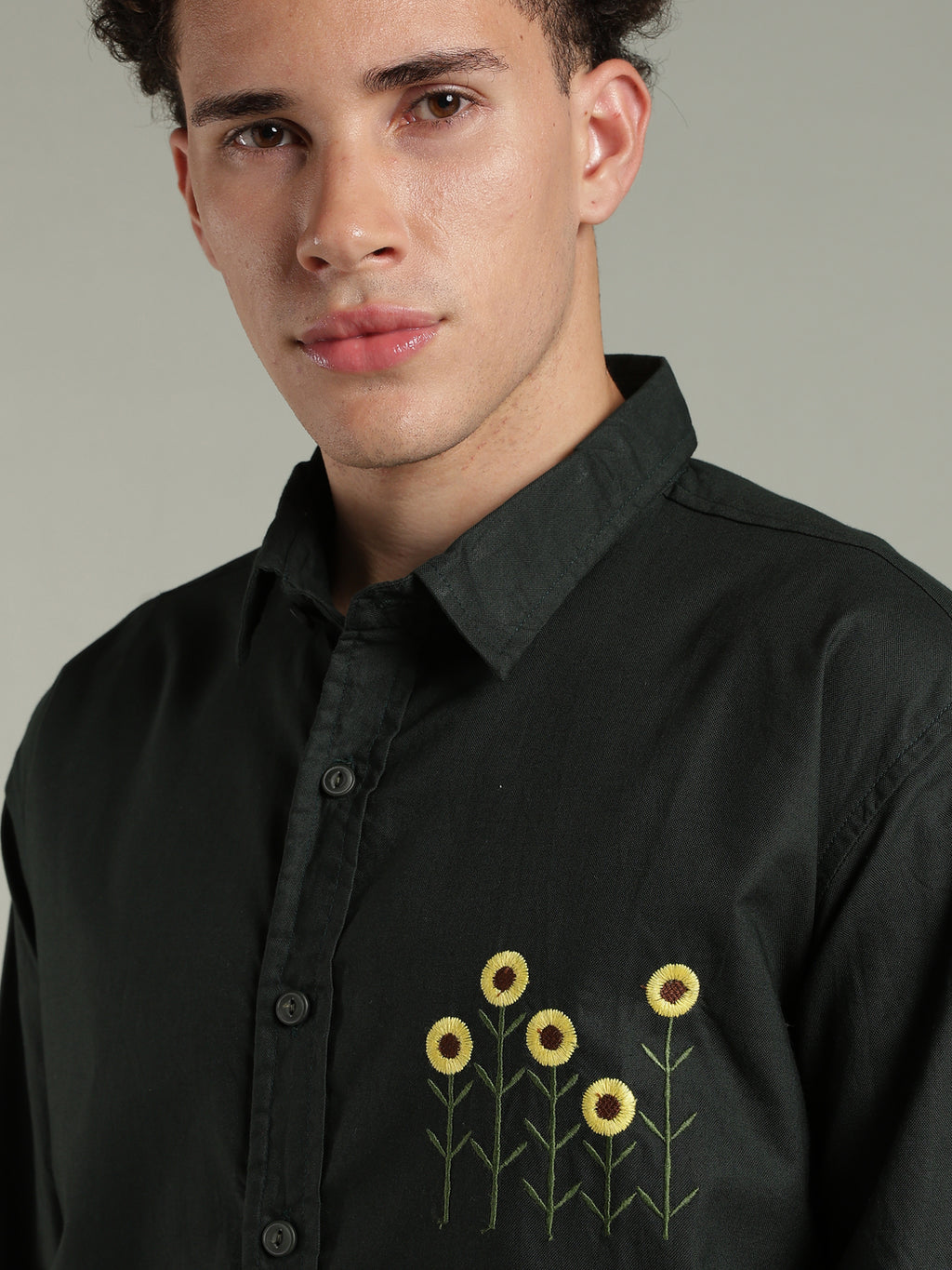 Deep Green Relaxed Fit Floral Embroidered Shirt