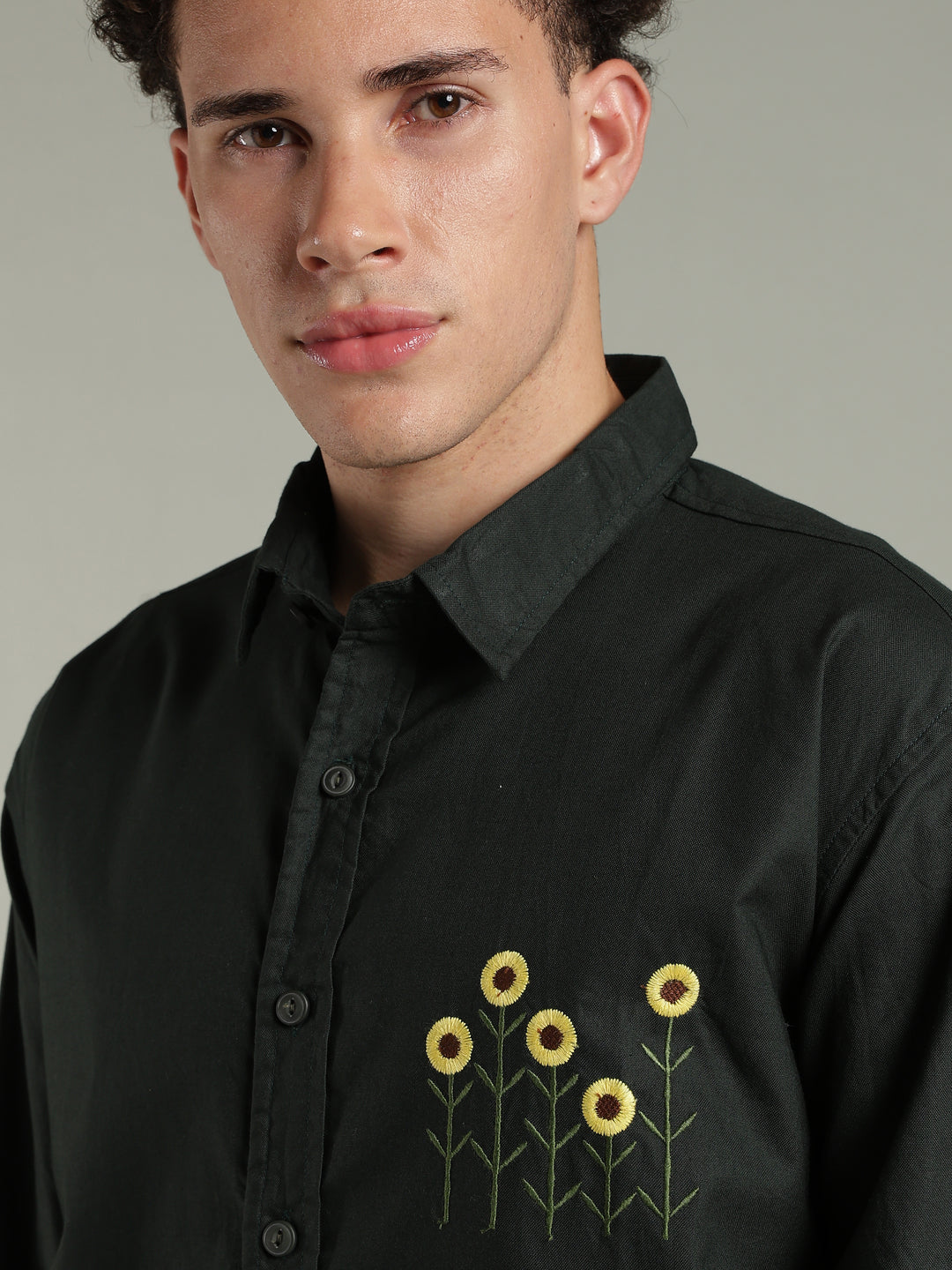 Deep Green Relaxed Fit Floral Embroidered Shirt