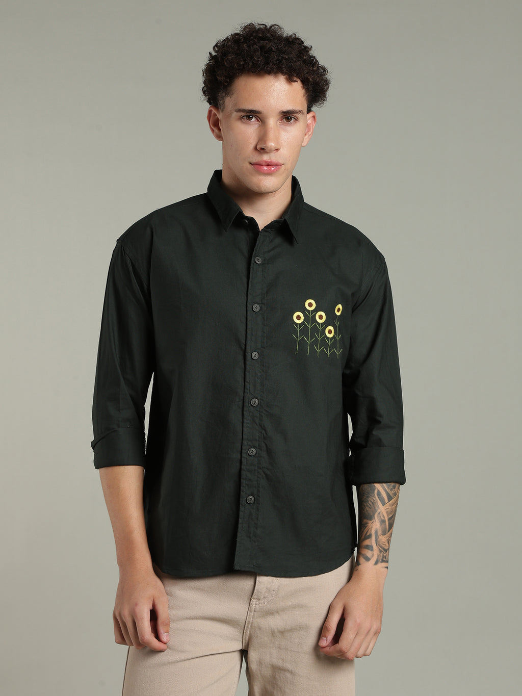 Deep Green Relaxed Fit Floral Embroidered Shirt