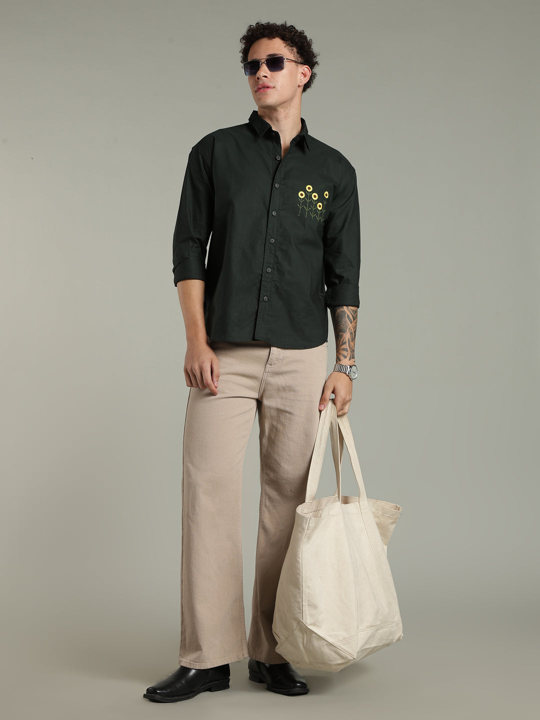 Deep Green Relaxed Fit Floral Embroidered Shirt