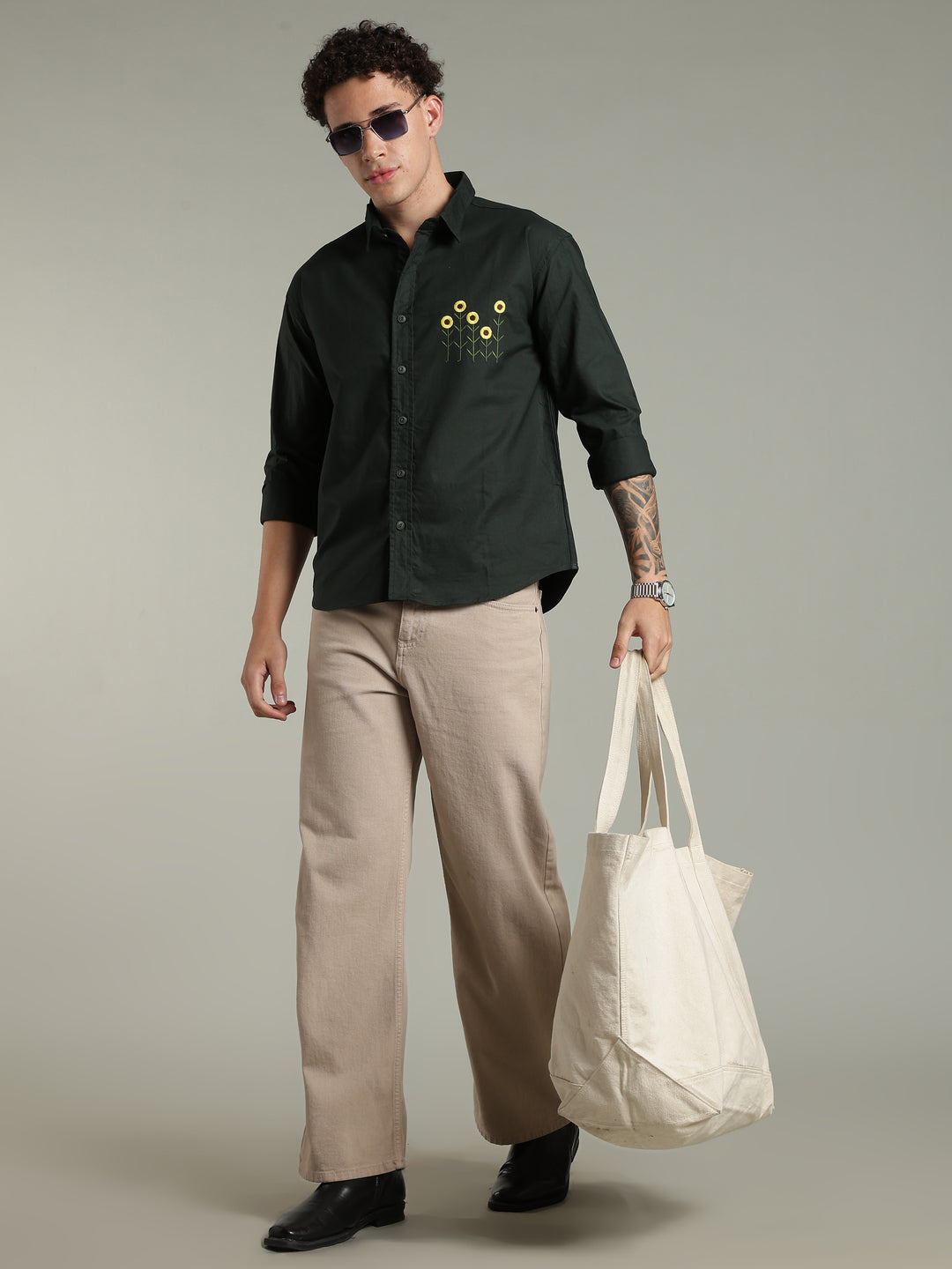 Deep Green Relaxed Fit Floral Embroidered Shirt
