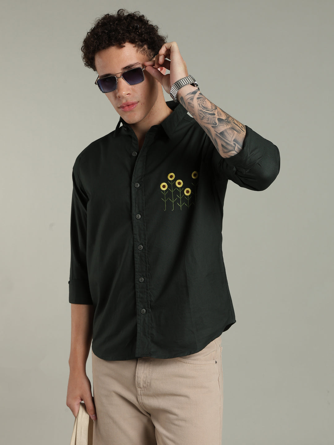 Deep Green Relaxed Fit Floral Embroidered Shirt