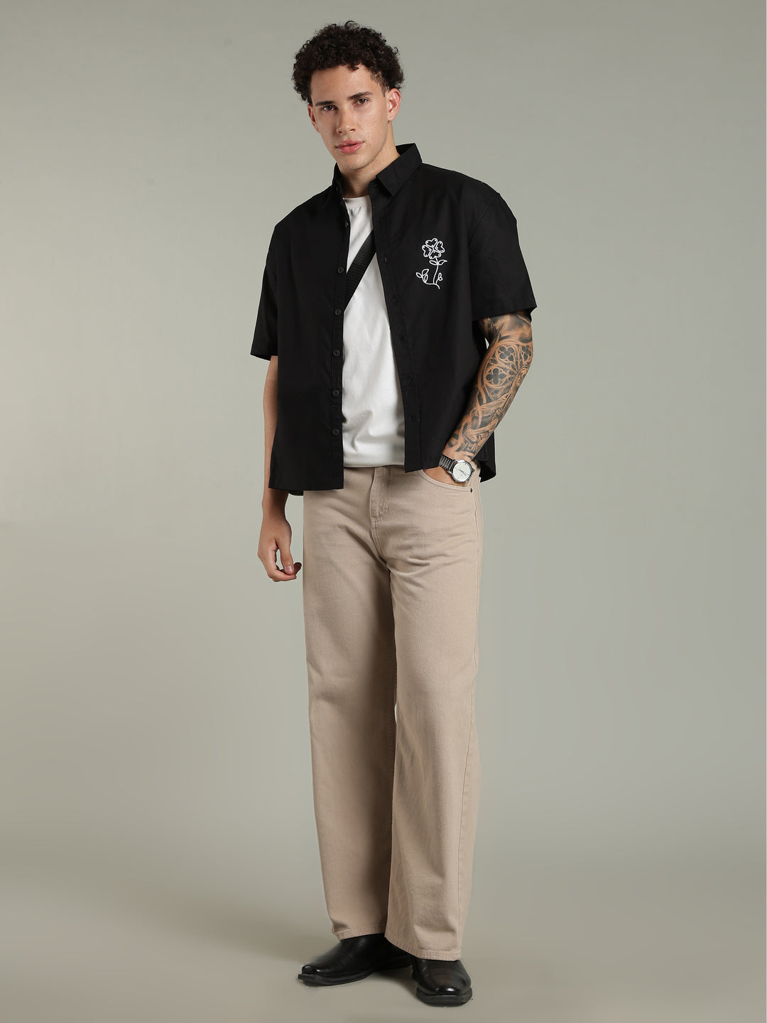 Black Boxy Fit Floral Embroidered Shirt