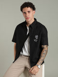 Black Boxy Fit Floral Embroidered Shirt