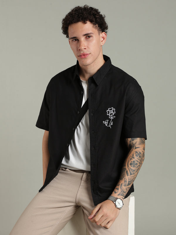 Black Boxy Fit Floral Embroidered Shirt