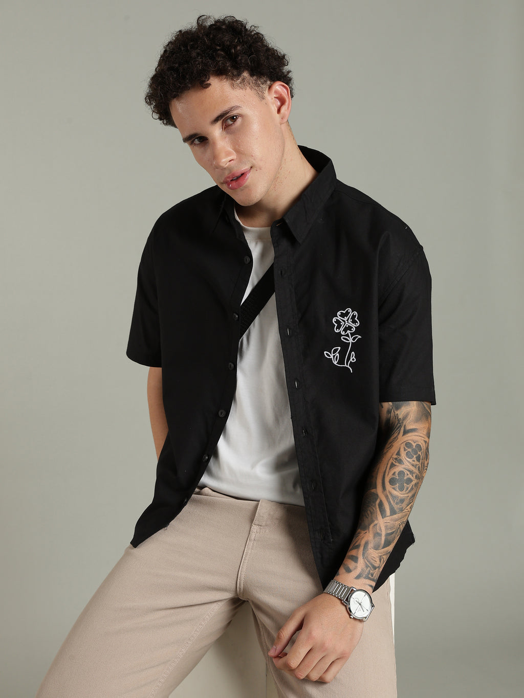 Black Boxy Fit Floral Embroidered Shirt