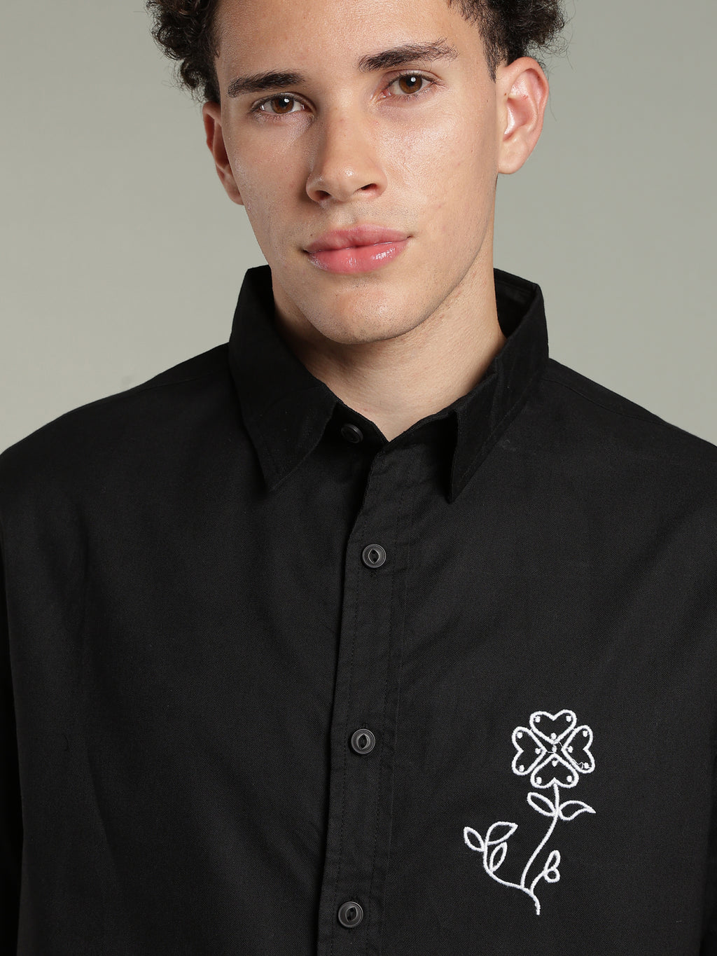 Black Boxy Fit Floral Embroidered Shirt