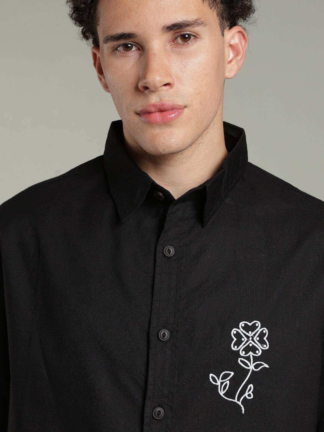 Black Boxy Fit Floral Embroidered Shirt
