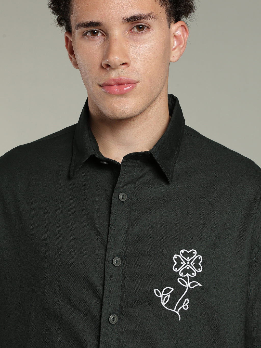 Deep Green Boxy Fit Floral Embroidered Shirt