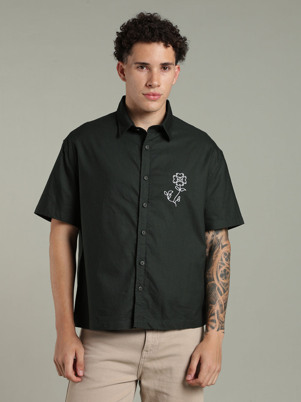 Deep Green Boxy Fit Floral Embroidered Shirt