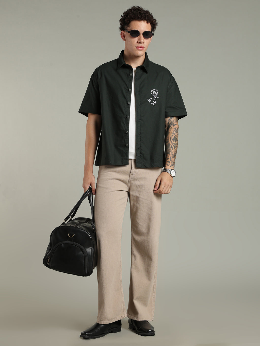 Deep Green Boxy Fit Floral Embroidered Shirt