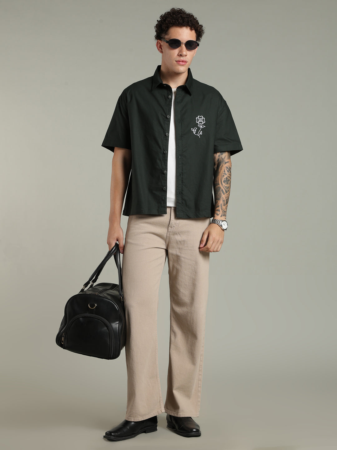 Deep Green Boxy Fit Floral Embroidered Shirt