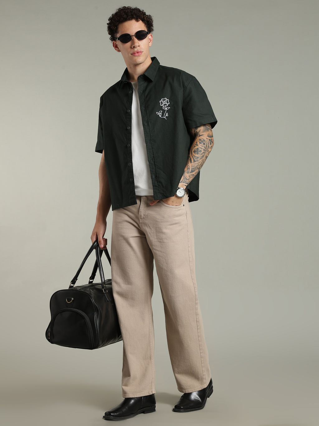 Deep Green Boxy Fit Floral Embroidered Shirt