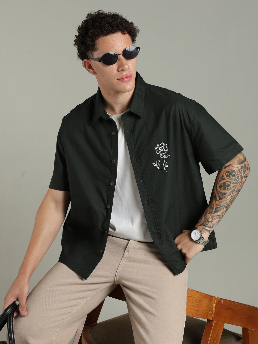 Deep Green Boxy Fit Floral Embroidered Shirt