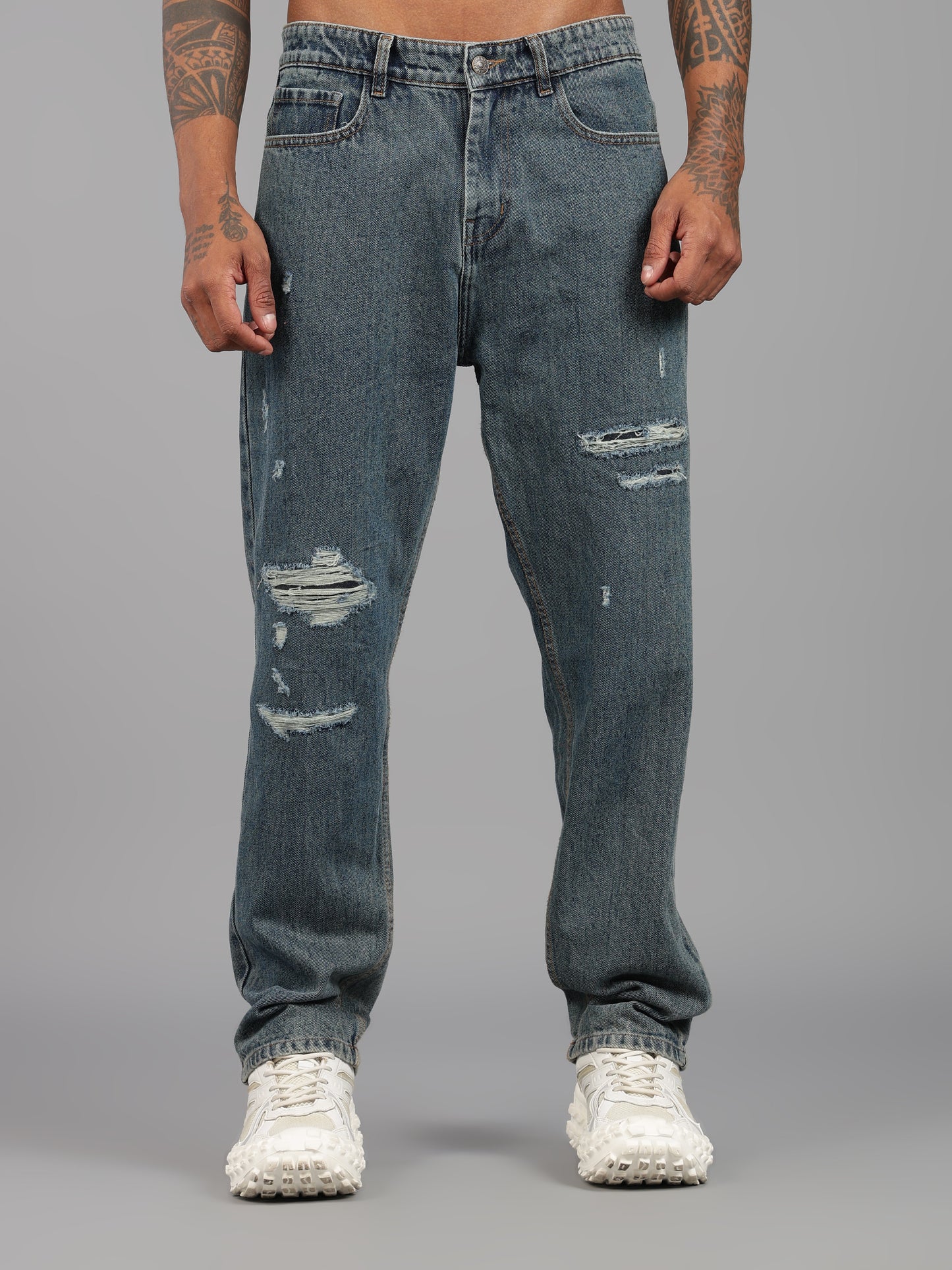 Heavy Ripped Blue Baggy Fit Jeans