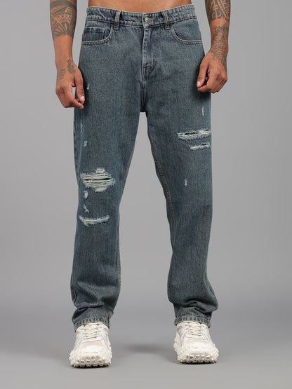 Heavy Ripped Blue Baggy Fit Jeans