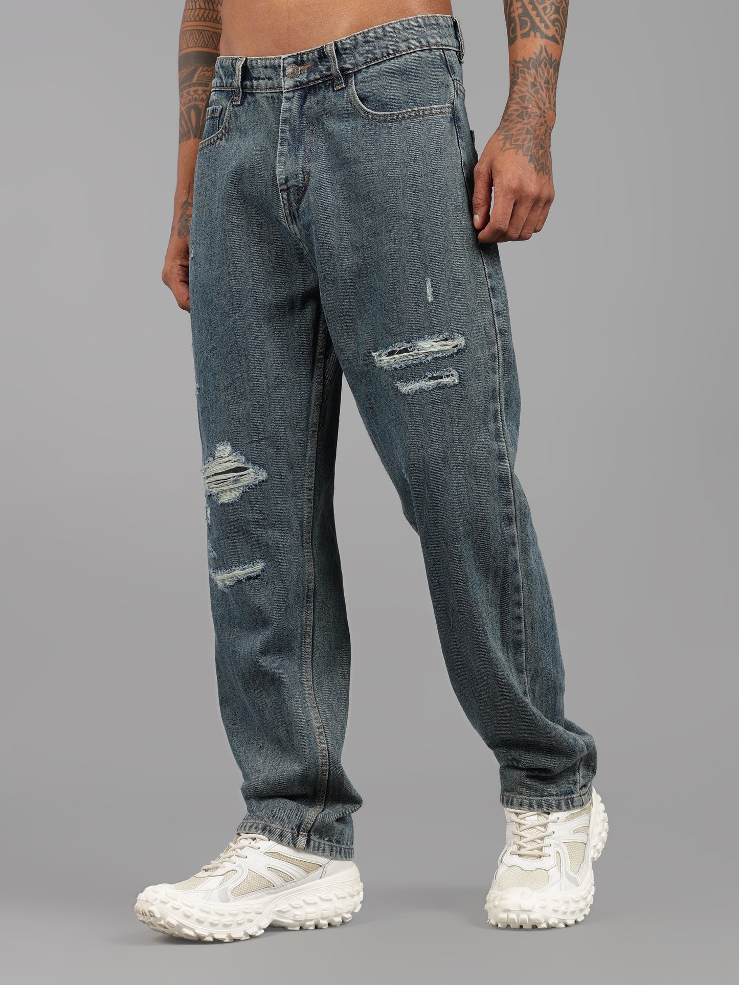 Heavy Ripped Blue Baggy Fit Jeans