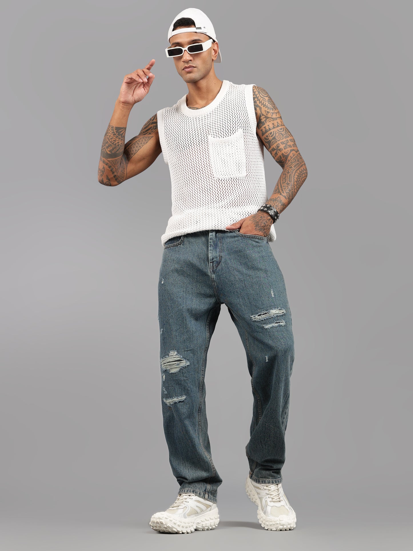 Heavy Ripped Blue Baggy Fit Jeans