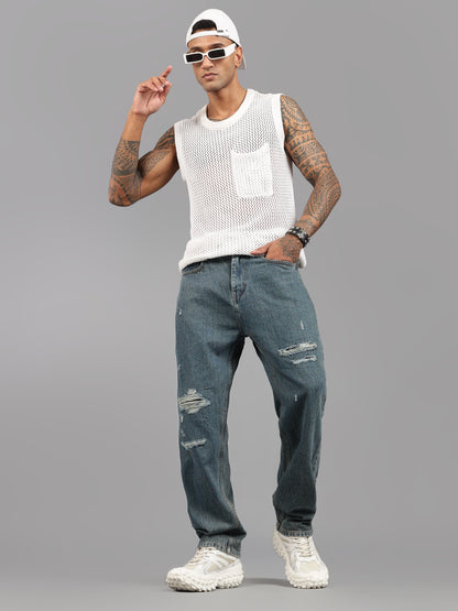 Heavy Ripped Blue Baggy Fit Jeans