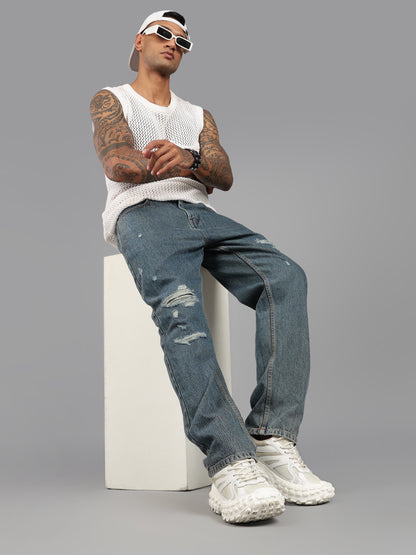 Heavy Ripped Blue Baggy Fit Jeans