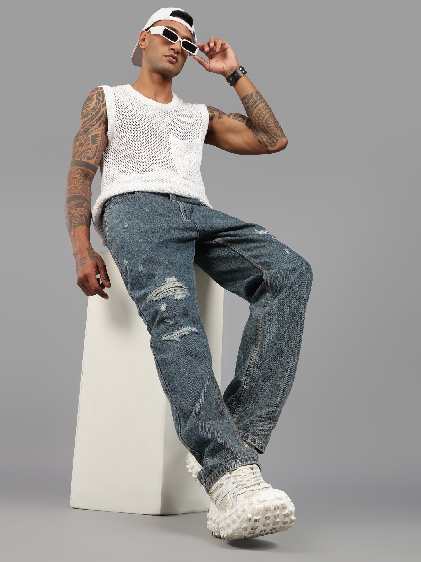 Heavy Ripped Blue Baggy Fit Jeans