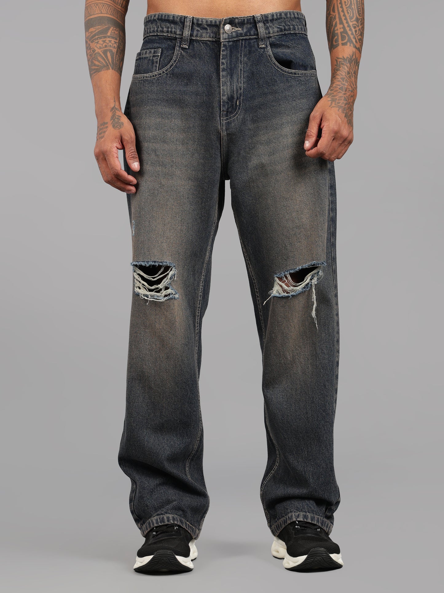 Brown Tint- Knee Cut Baggy Fit Jeans