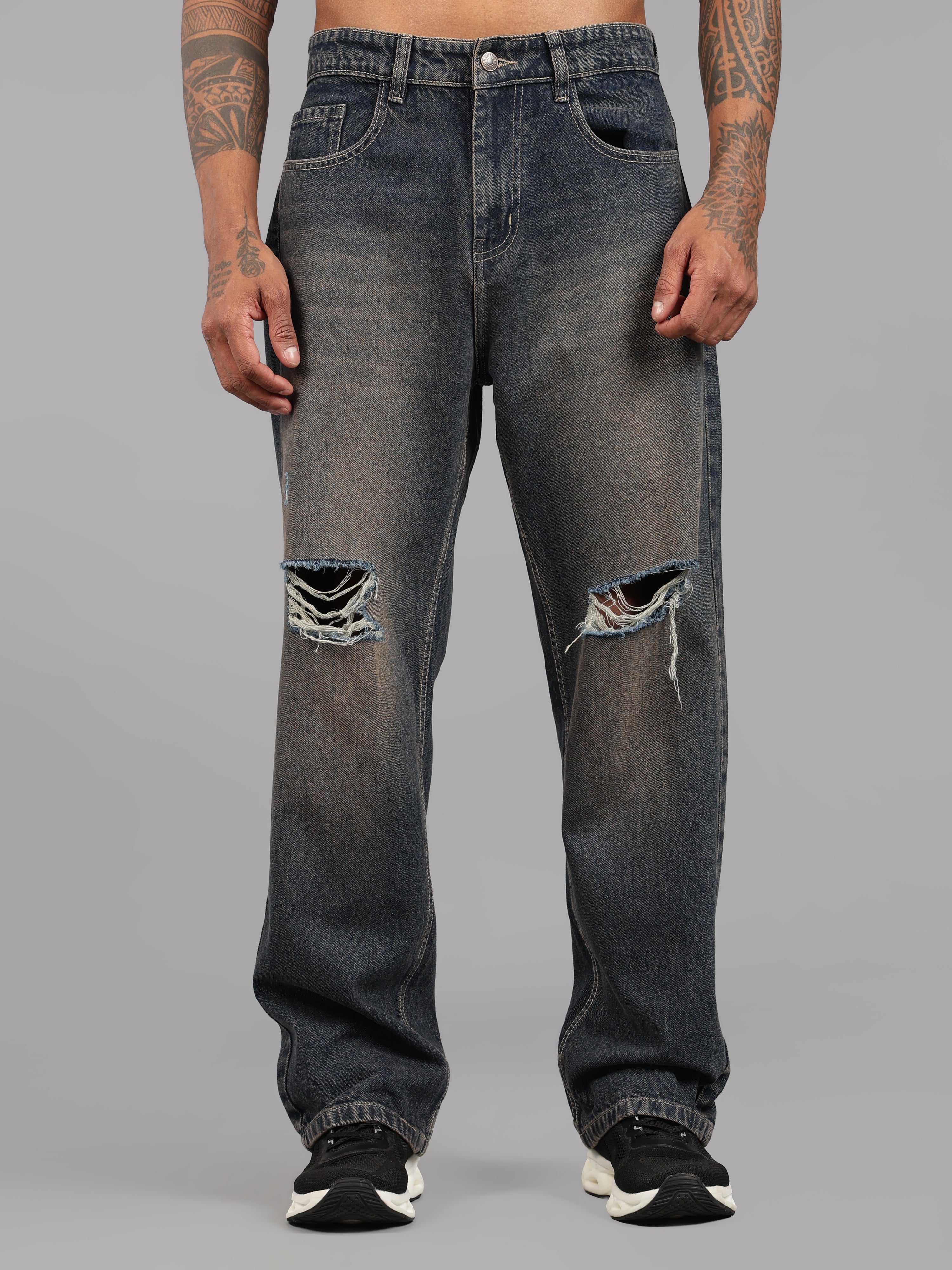 Brown Tint- Knee Cut Baggy Fit Jeans