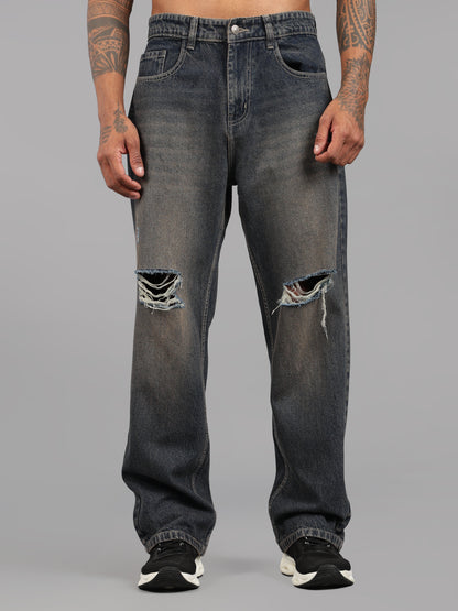 Brown Tint- Knee Cut Baggy Fit Jeans