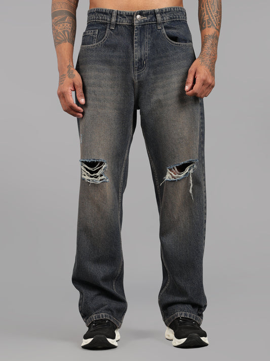 Brown Tint- Knee Cut Baggy Fit Jeans