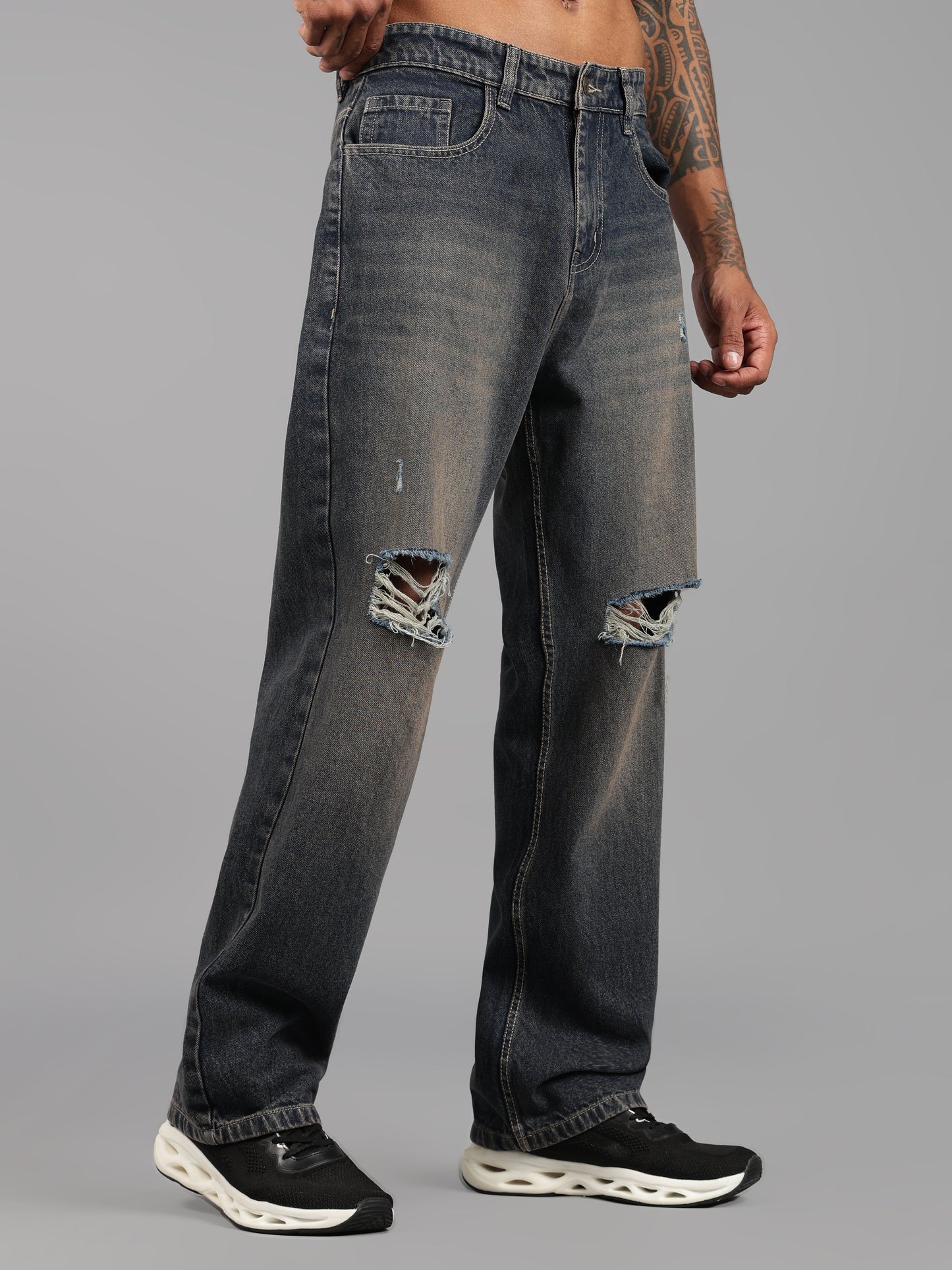 Brown Tint- Knee Cut Baggy Fit Jeans