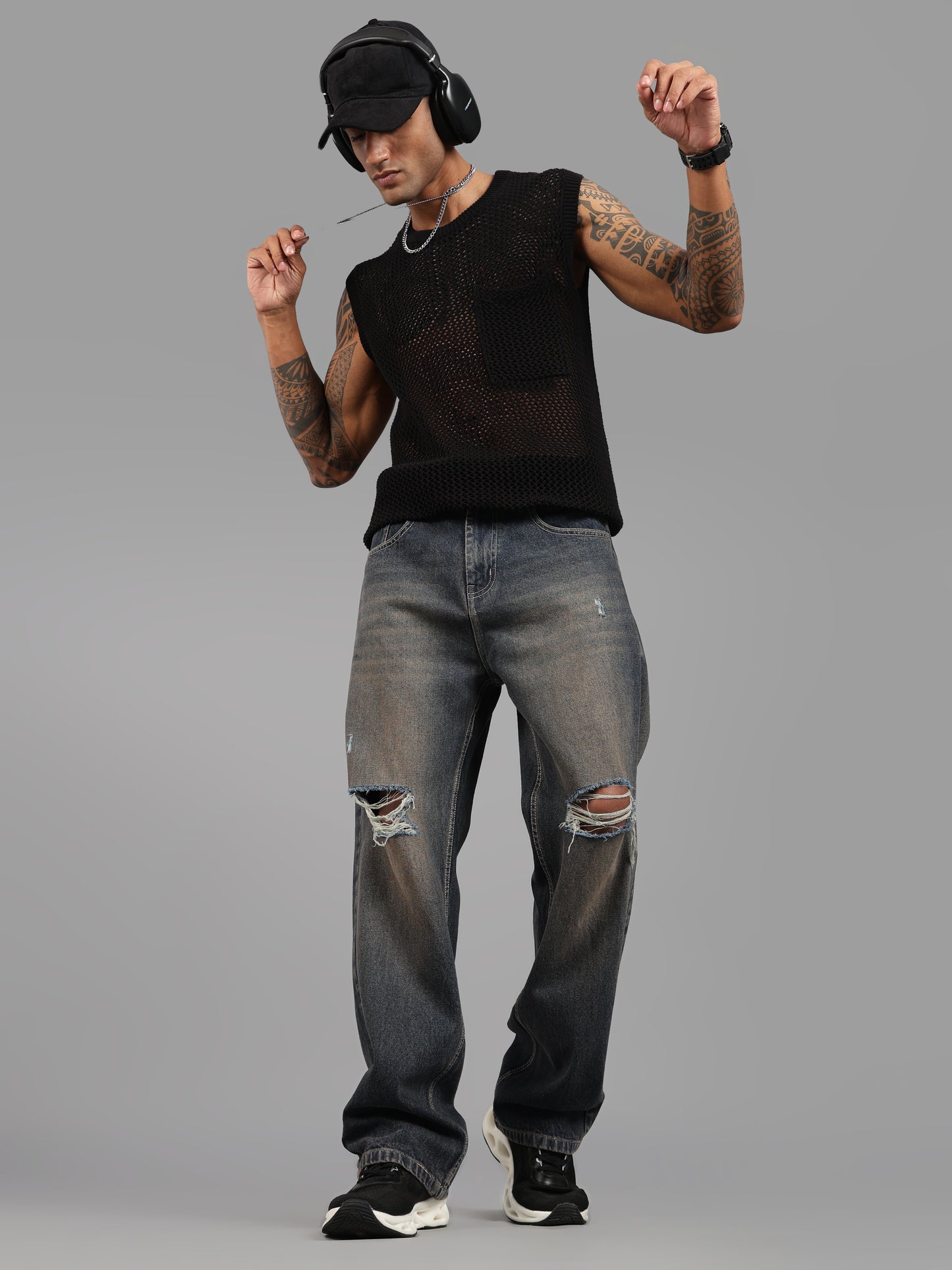 Brown Tint- Knee Cut Baggy Fit Jeans