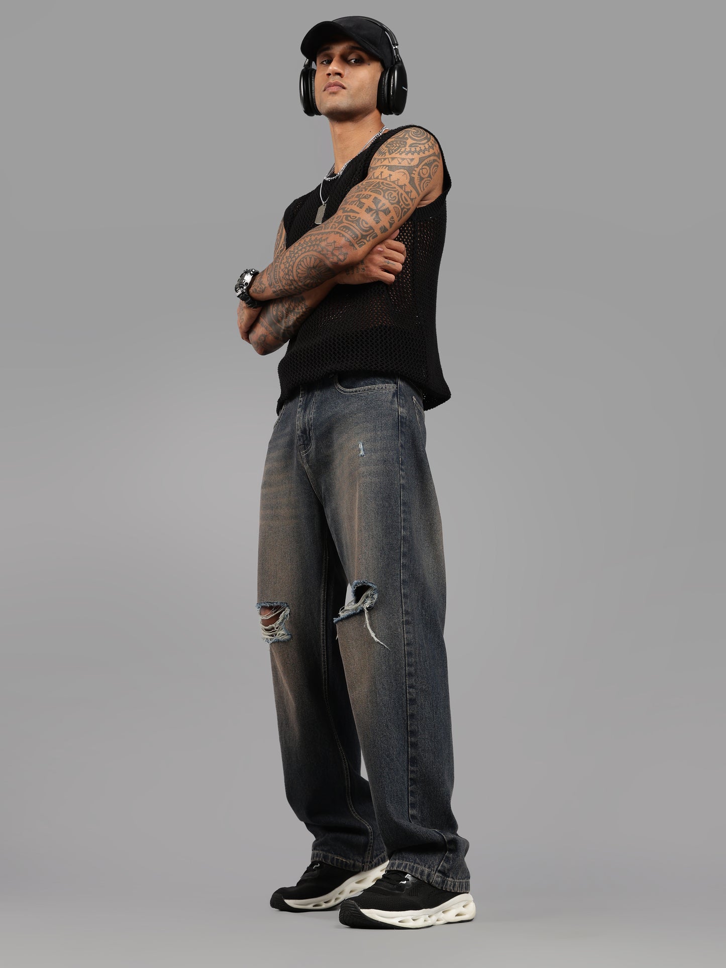 Brown Tint- Knee Cut Baggy Fit Jeans