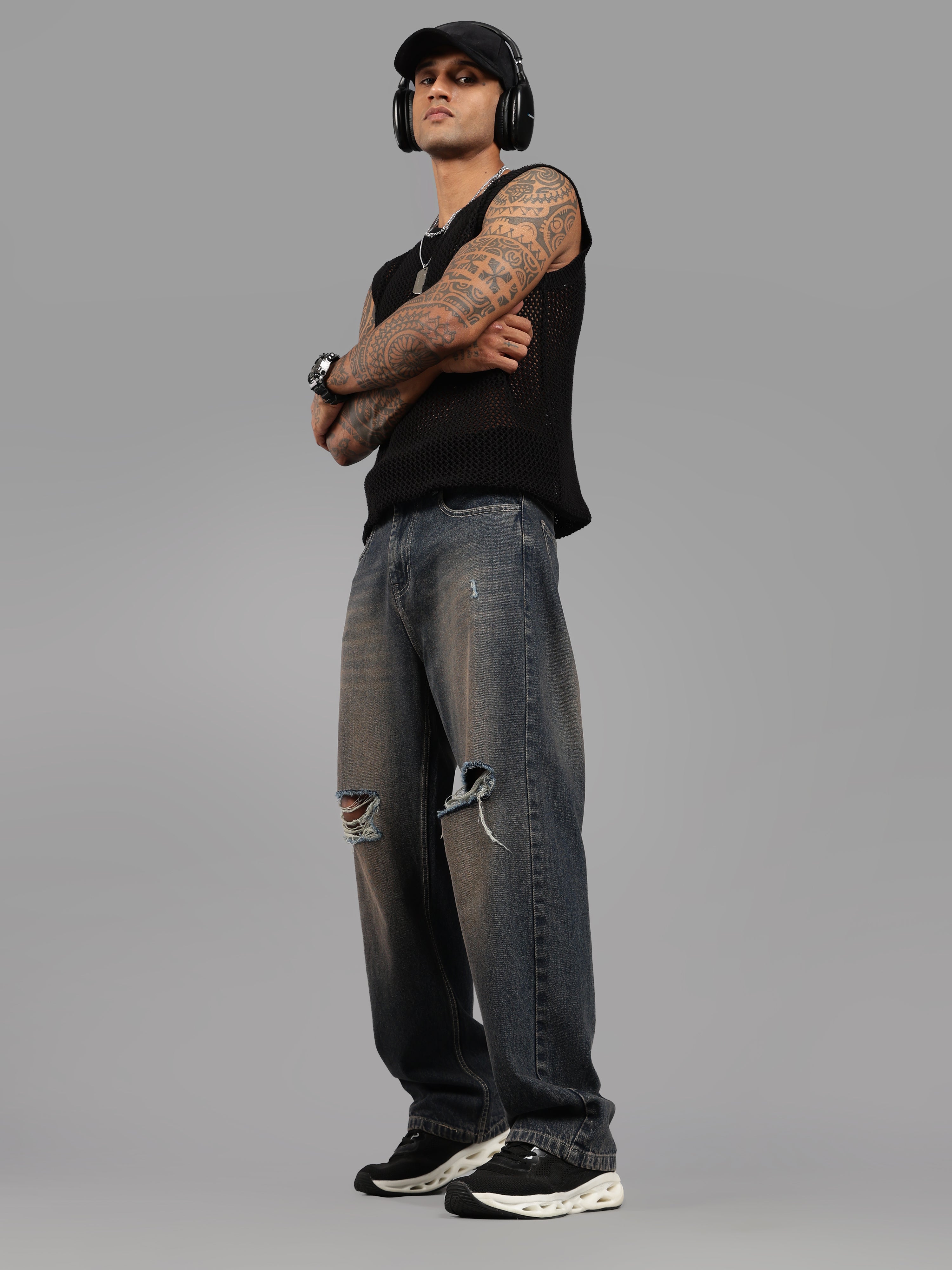 Brown Tint- Knee Cut Baggy Fit Jeans