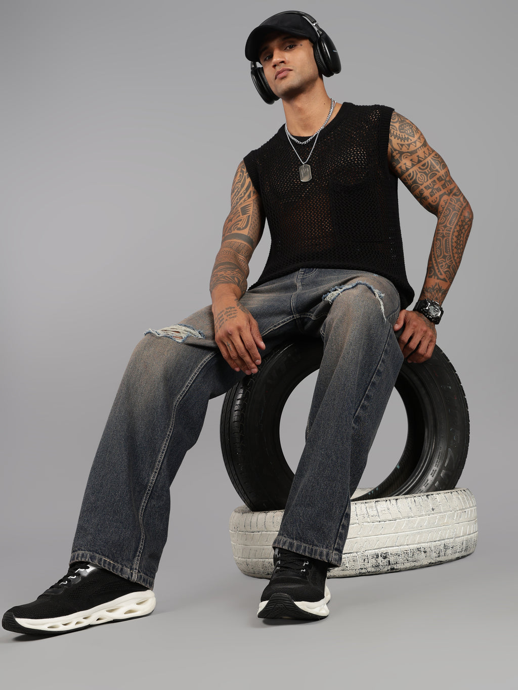 Brown Tint- Knee Cut Baggy Fit Jeans