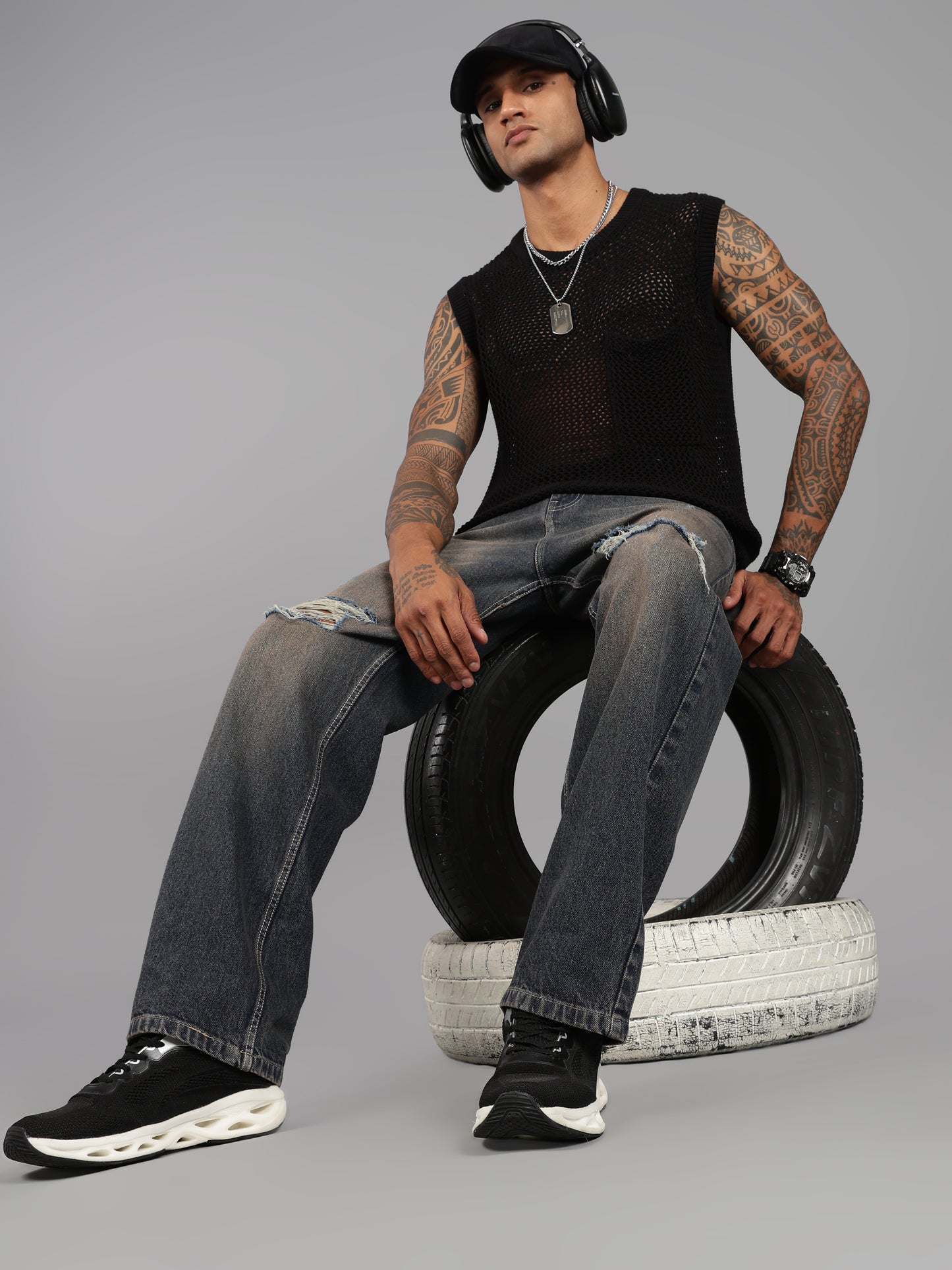 Brown Tint- Knee Cut Baggy Fit Jeans