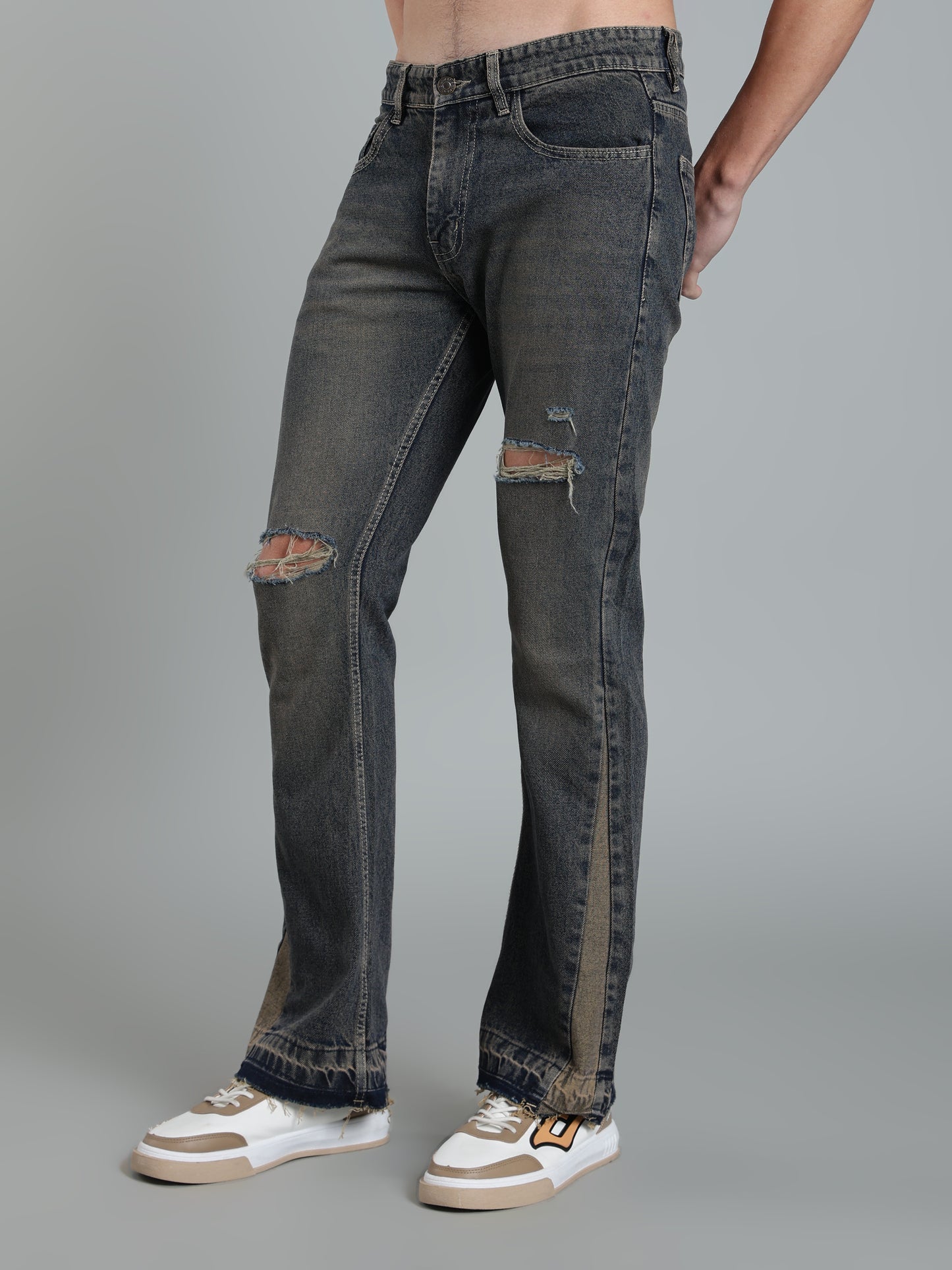 Brown Tint- Men's Ripped Flared Jeans