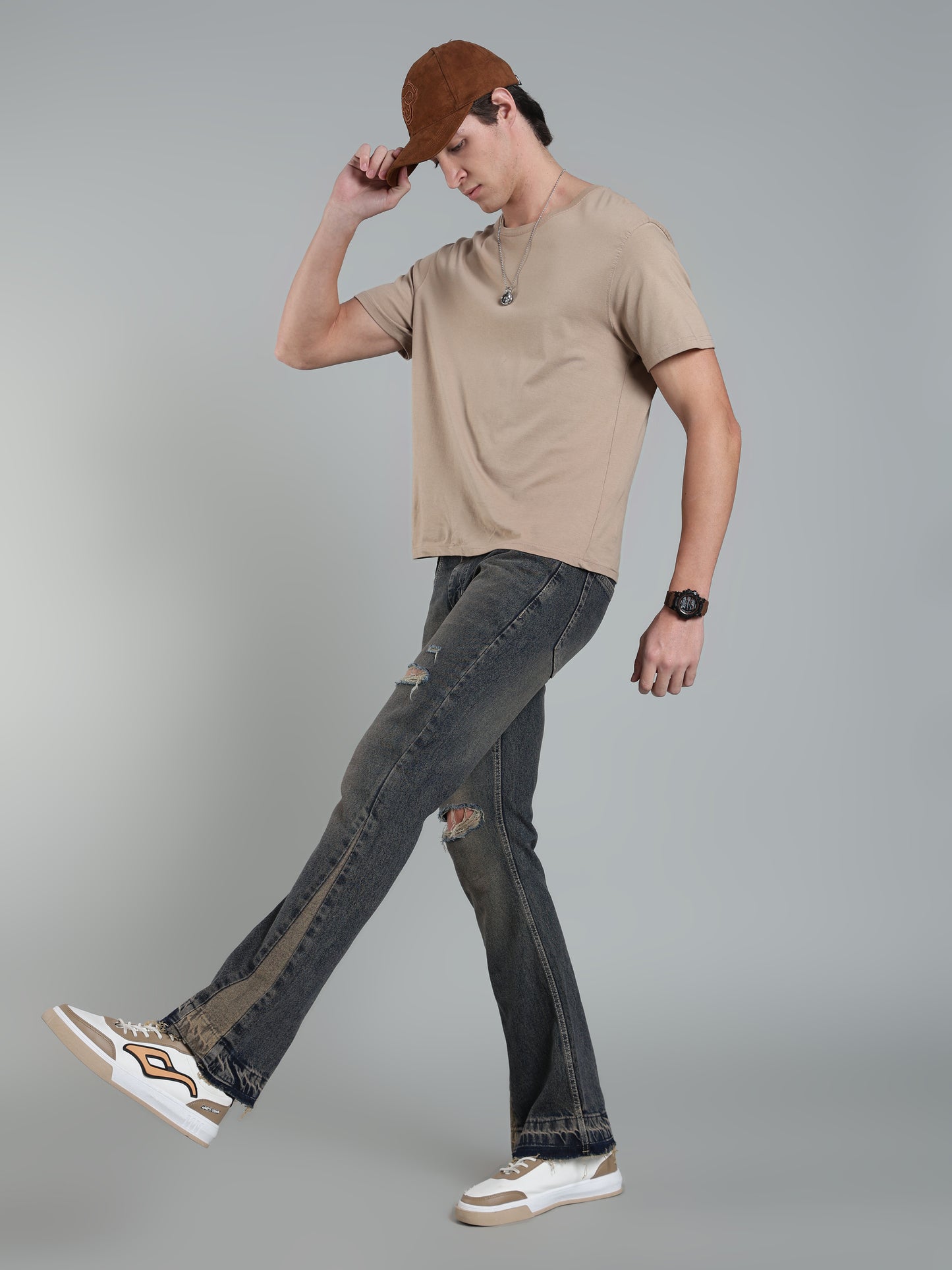 Brown Tint- Men's Ripped Flared Jeans