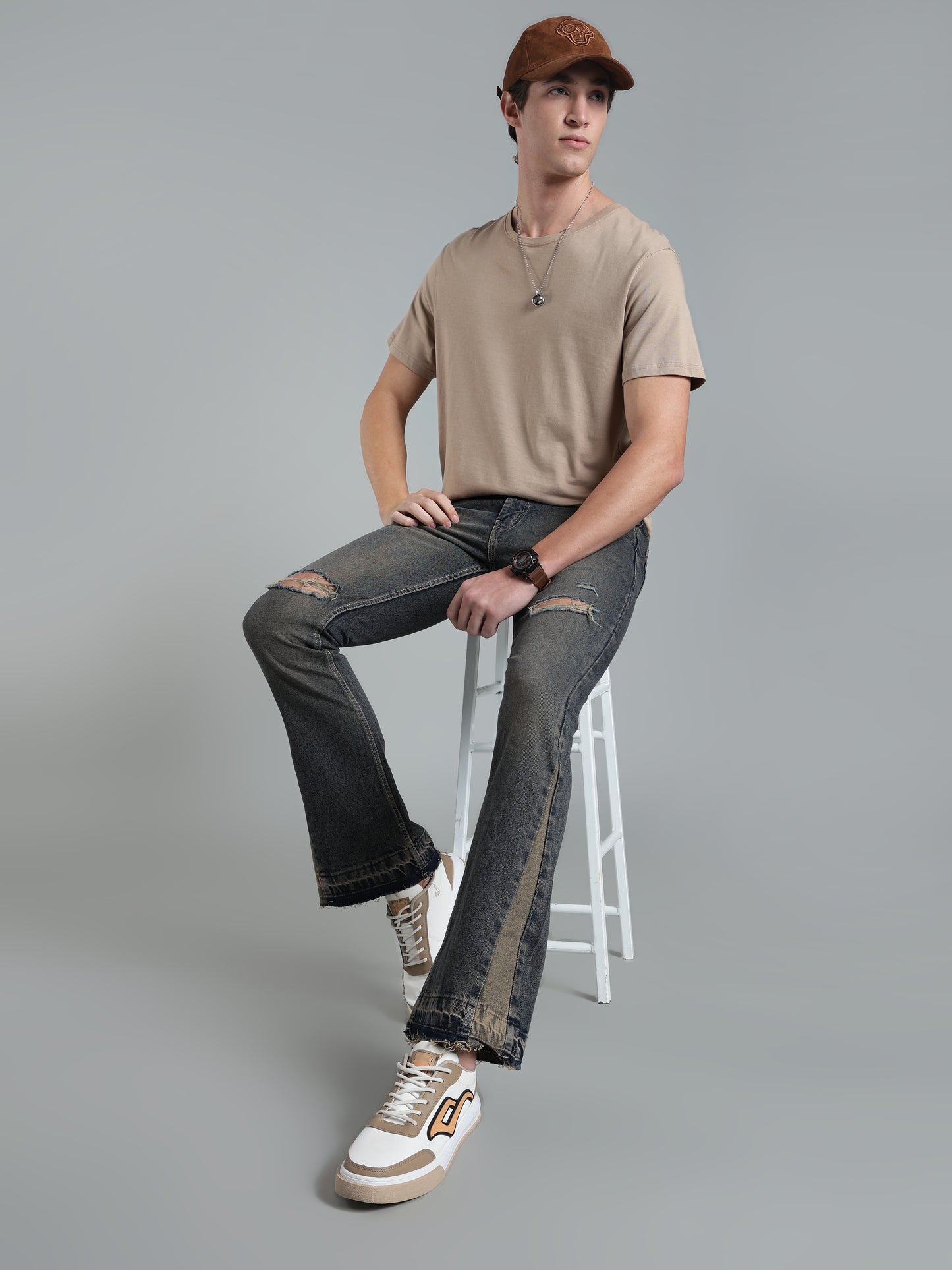 Brown Tint- Men's Ripped Flared Jeans