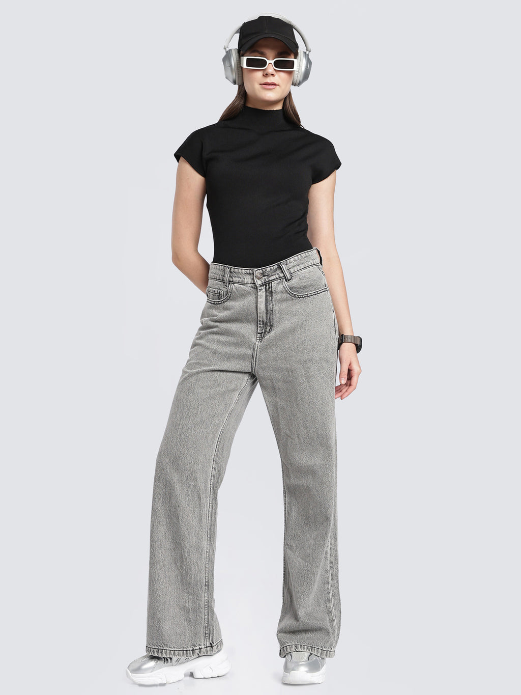 Women's Grey Wide Leg Jeans