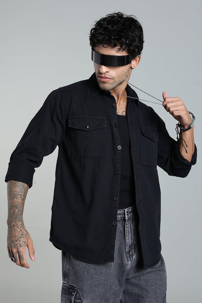 Black Cotton Shirt | Dual Pocket | Regular Fit