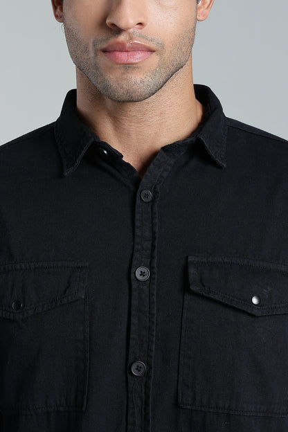 Black Cotton Shirt | Dual Pocket | Regular Fit