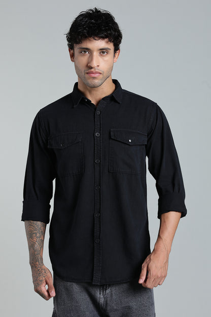 Black Cotton Shirt | Dual Pocket | Regular Fit