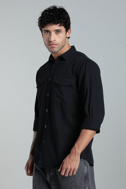 Black Cotton Shirt | Dual Pocket | Regular Fit