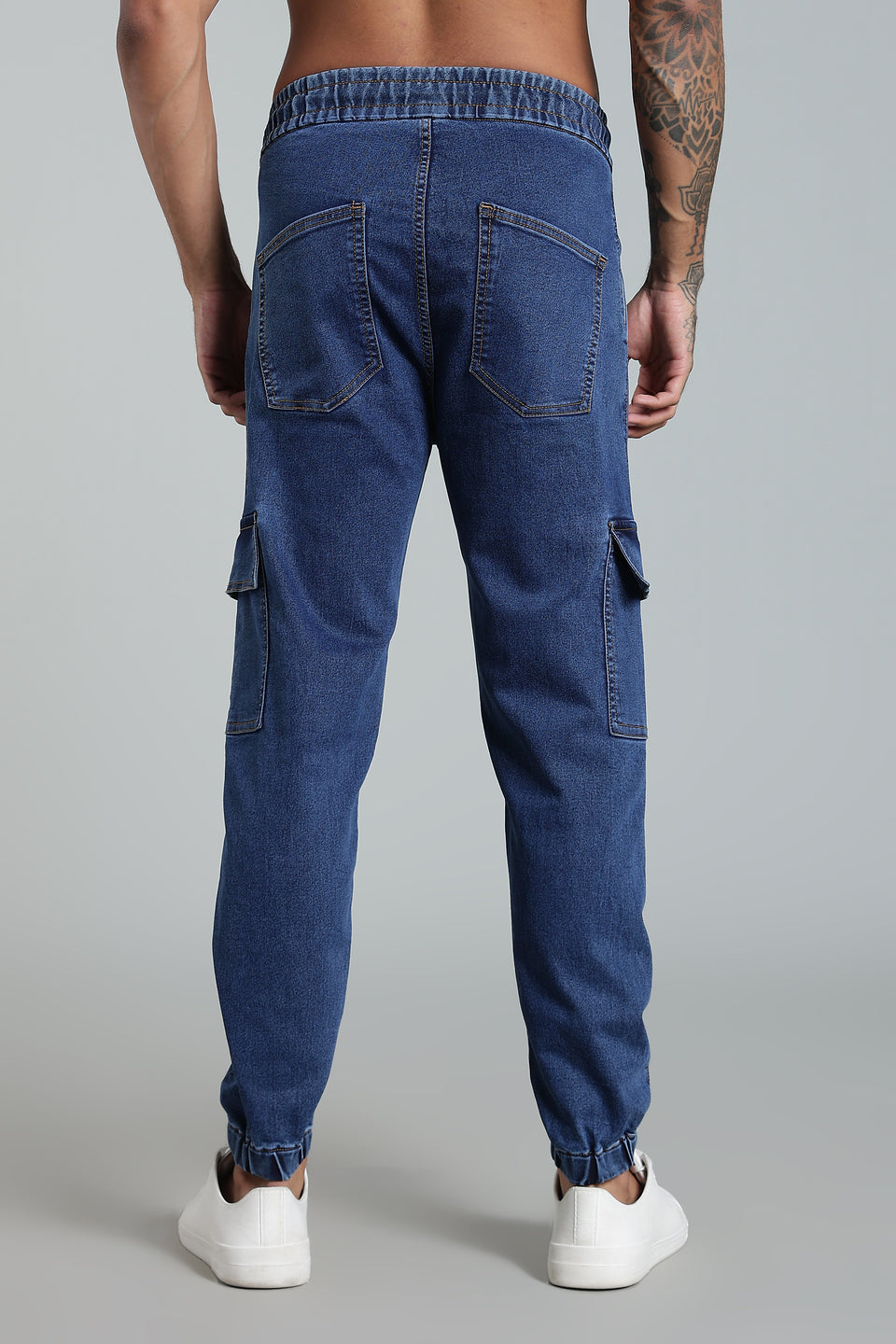 Men's Blue Denim Cargo Joggers - 6 Pocket Utility Fit