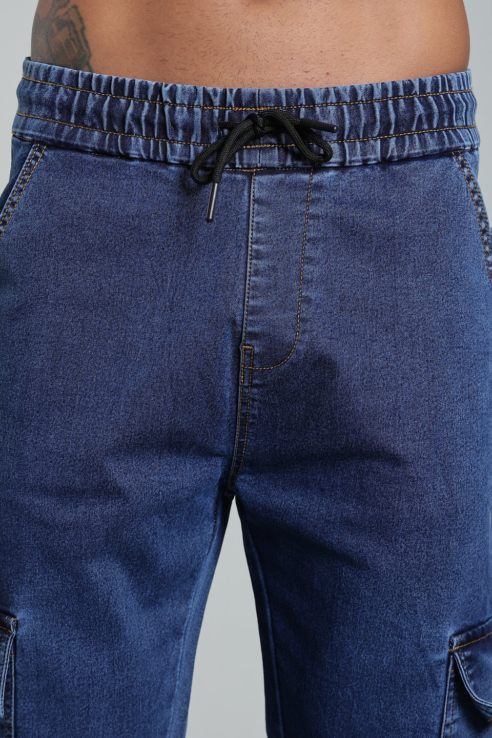 Men's Blue Denim Cargo Joggers - 6 Pocket Utility Fit